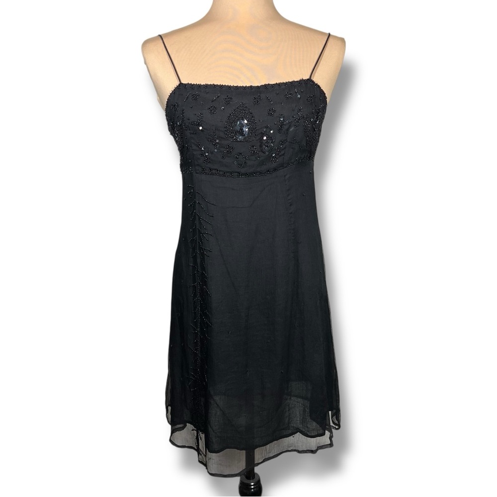 Vintage Guess Jeans 100% Silk Beaded Black Mini Dress